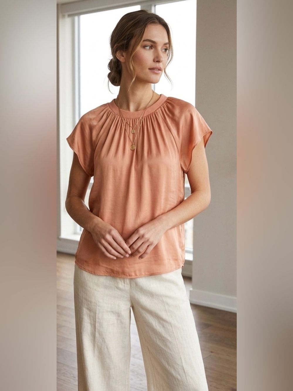 Hausen Peach Textured Satin Gathered Short Flutter Sleeve Blouse M